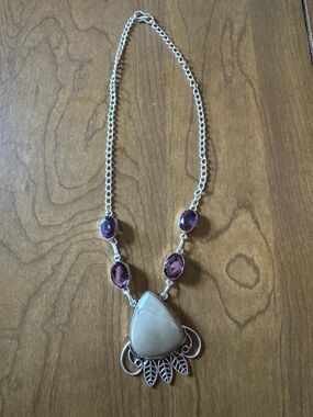 Sterling Silver 925 Picture Jasper & Amethyst Statement Necklace